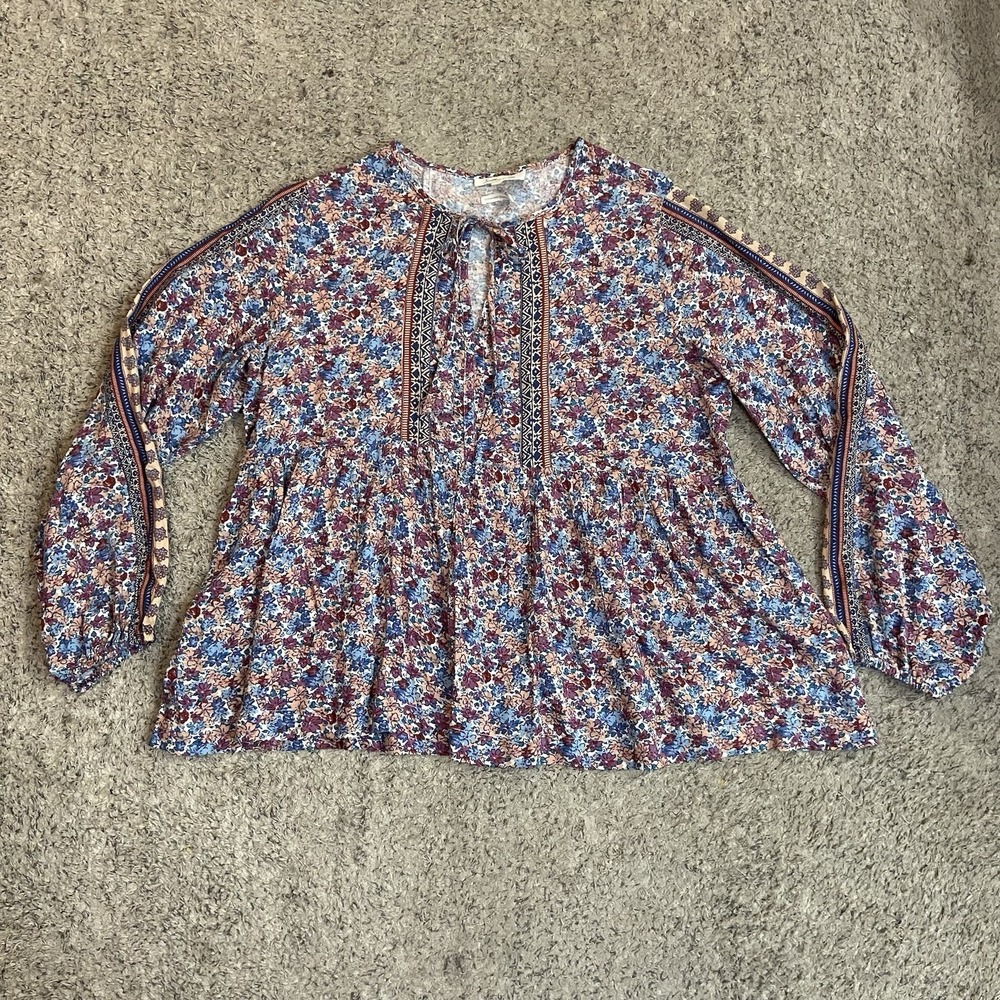 Southern Cotton Womens Blouse Large Bohemian Floral Long Sleeves